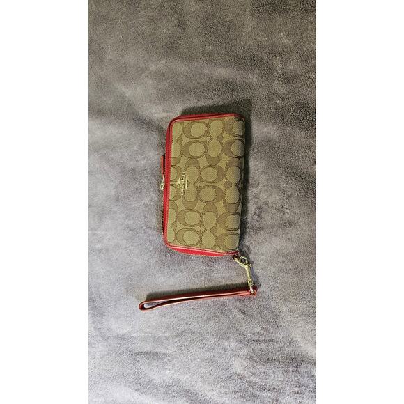 Coach Zip Around Wallet, Two Sections, Brown Signature Fabric with Red trim - Picture 1 of 6